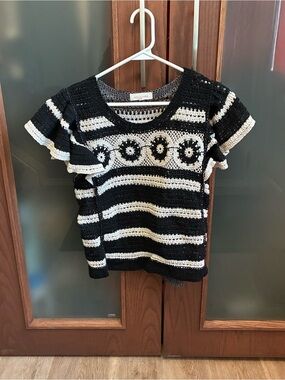 Solitaire Black and White Crocheted Stripe Short Sleeve Sweater